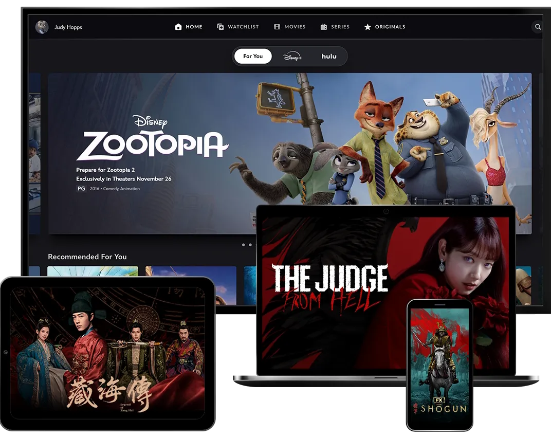 4 Devices showcasing the Disney+ product on TV, Mobile, Laptop, and Tablet