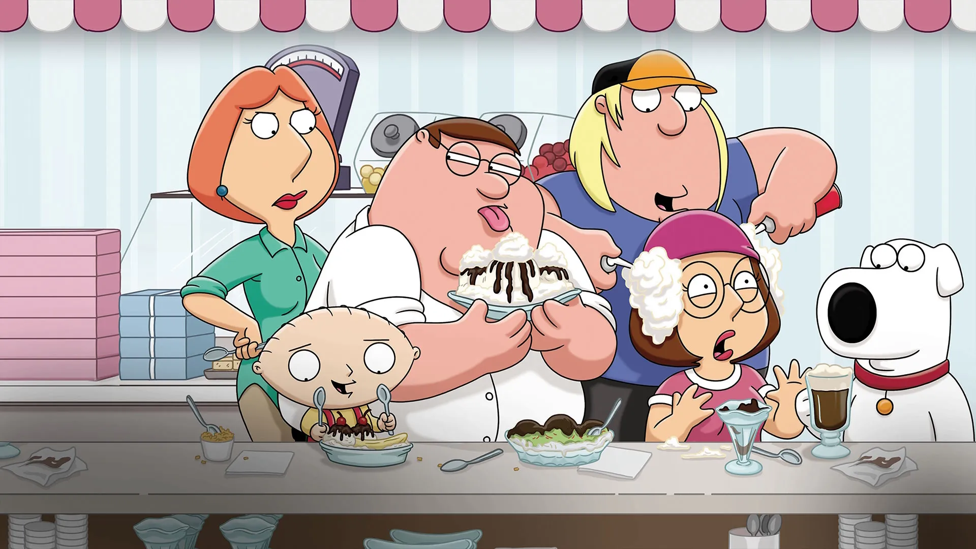 Key art for Family Guy featuring the Griffin family gathered around a diner counter filled with ice cream desserts.