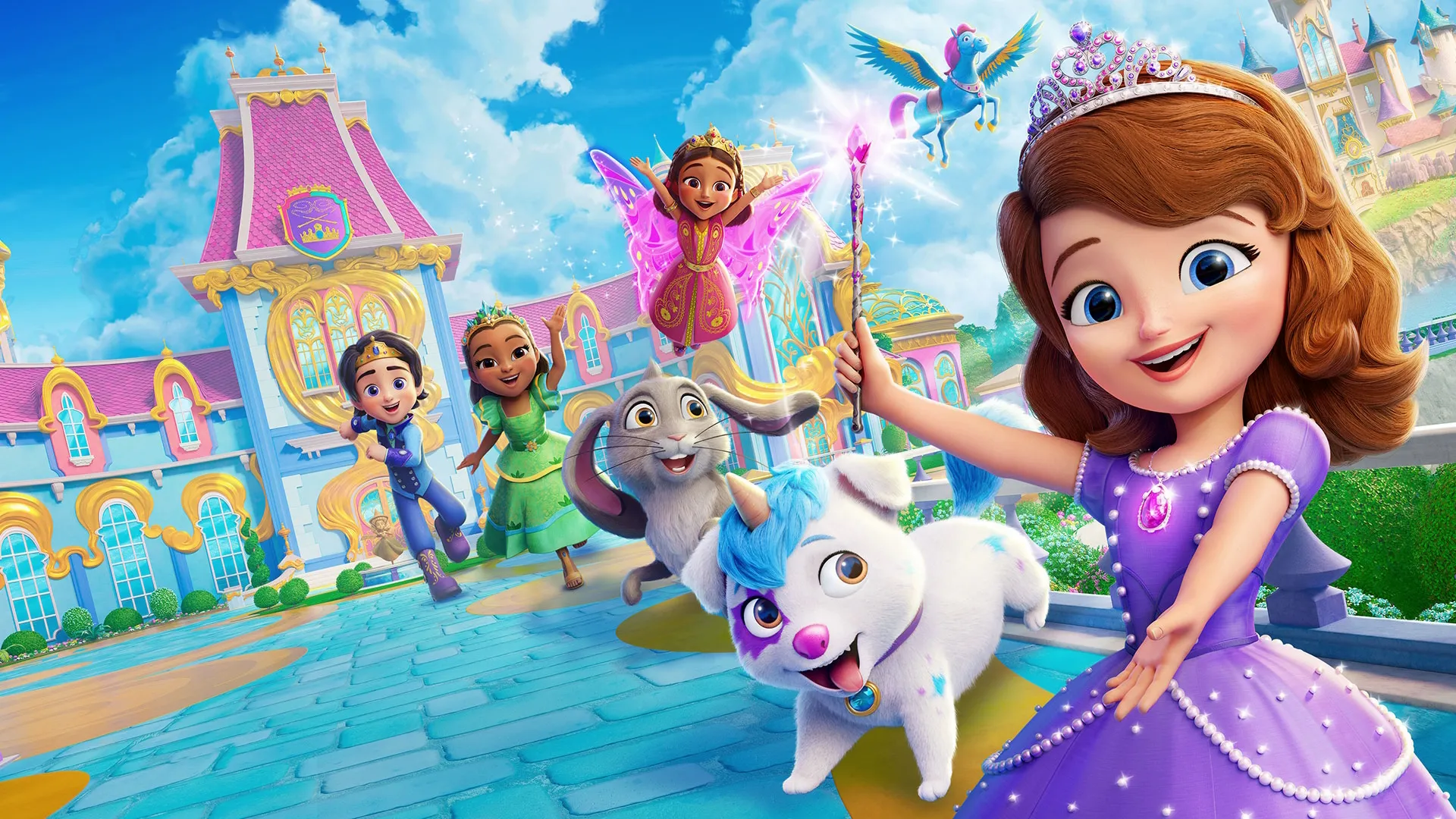 Key art for Sofia the First featuring Princess Sofia, animal friends and magical companions outside a colourful palace.
