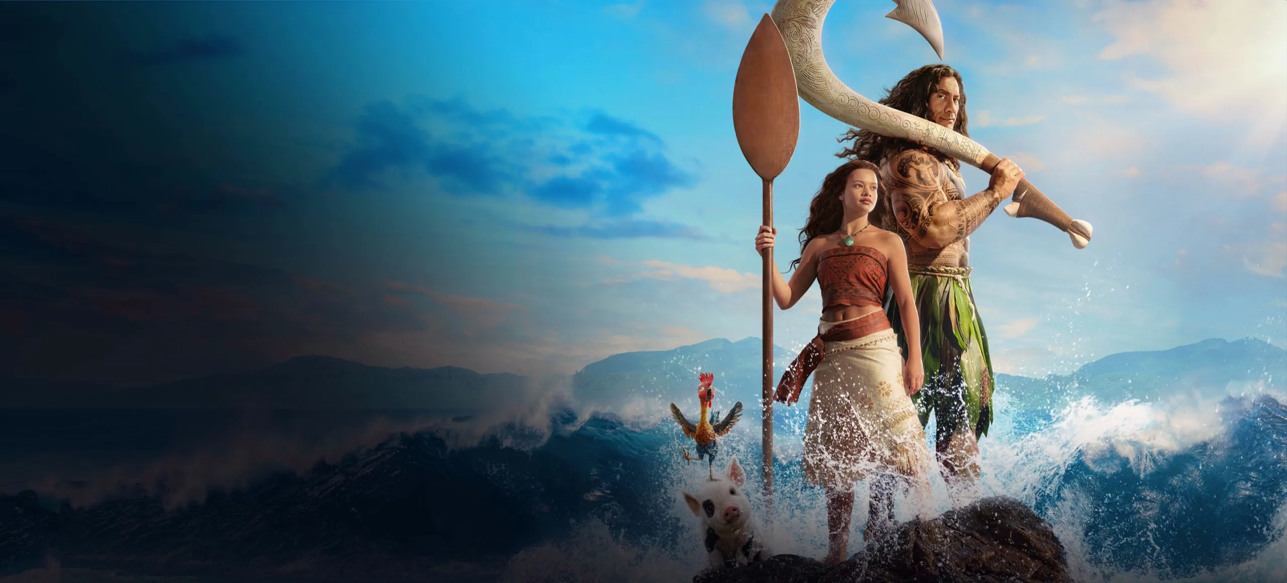 Disney’s live-action Moana promotional artwork featuring Moana and Maui standing amid crashing ocean waves.