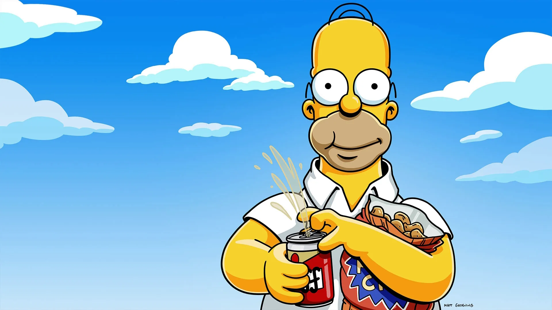 Key art for The Simpsons featuring Homer Simpson opening a can of soda while holding a bag of snacks against a blue sky background.