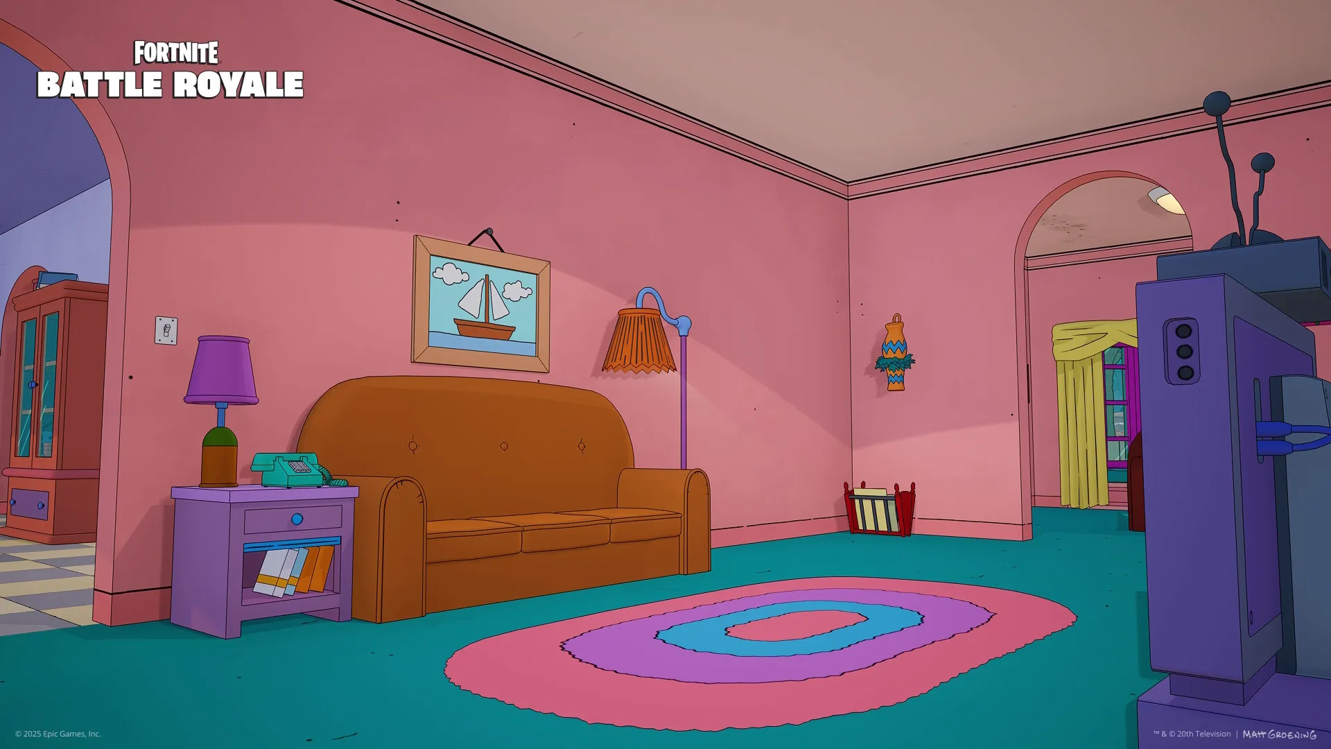 Homer with long brown hair sitting on the family couch with purple zaps appearing above his head coming from the remote he is holding.