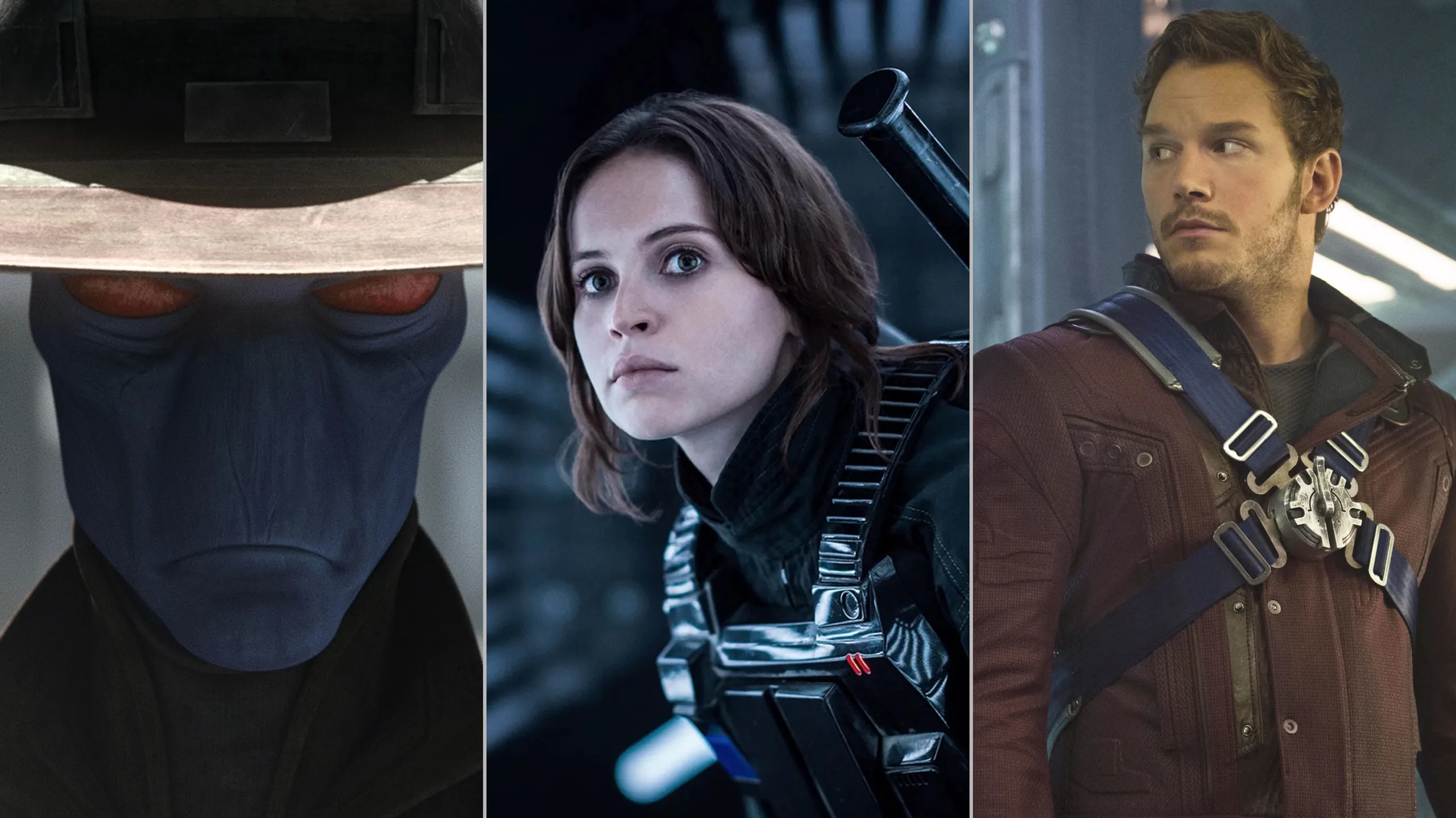 An image split into three parts, showing Ahsoka Tano from Ahsoka, Gamora from Guardians of the Galaxy Vol.3 and the Alien Queen from Aliens.