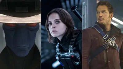 An image split into three parts, showing Ahsoka Tano from Ahsoka, Gamora from Guardians of the Galaxy Vol.3 and the Alien Queen from Aliens.