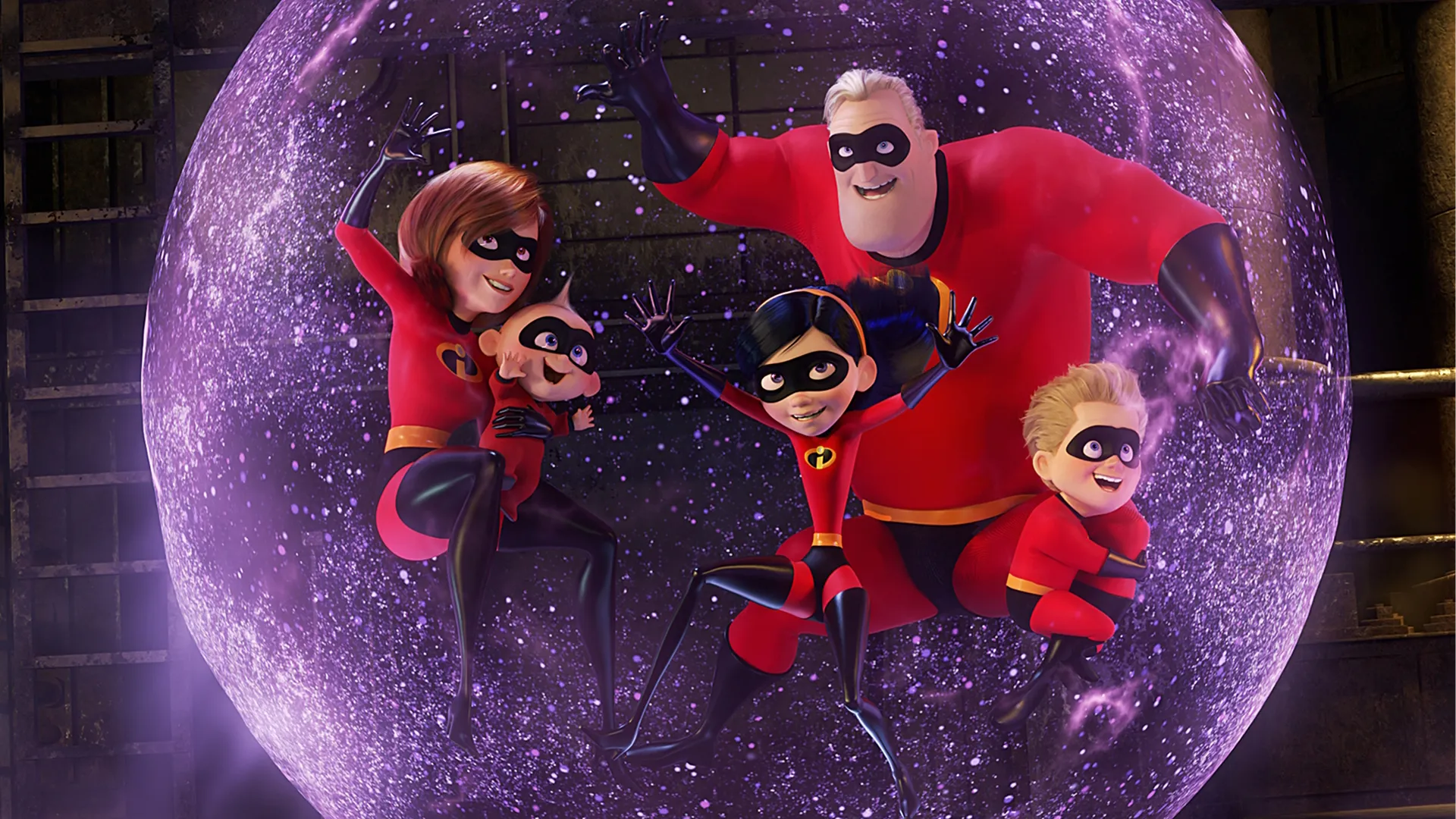 The superhero Parr family—Mr. Incredible, Elastigirl, Violet, Dash, and baby Jack-Jack—smile and strike dynamic poses while safely enclosed inside Violet's glowing, purple force field sphere, in a still from the animated film Incredibles 2.