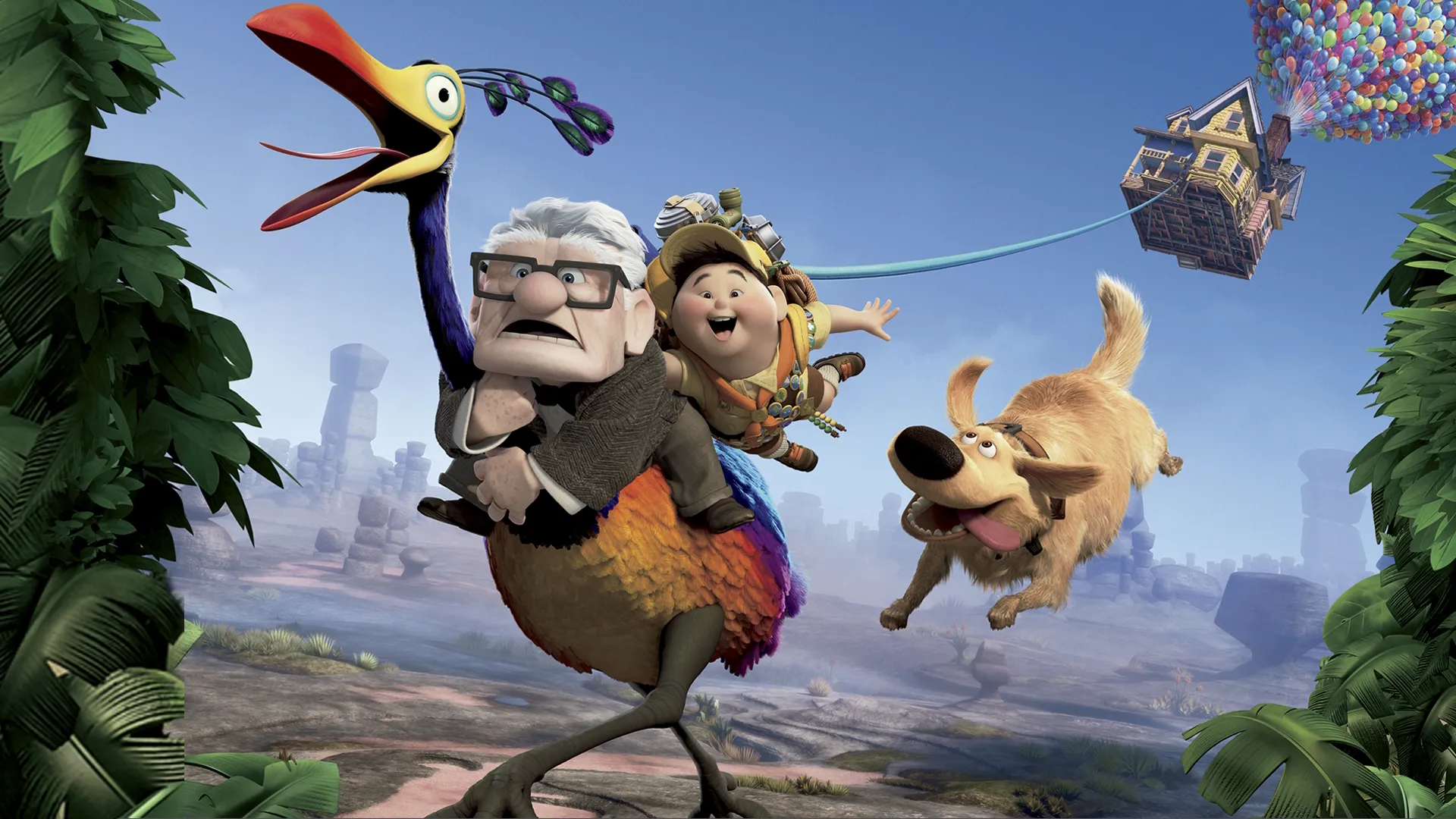 Carl Fredricksen, o jovem Explorador da Natureza Russell, a ave colorida Kevin e o cachorro Dug em Up.