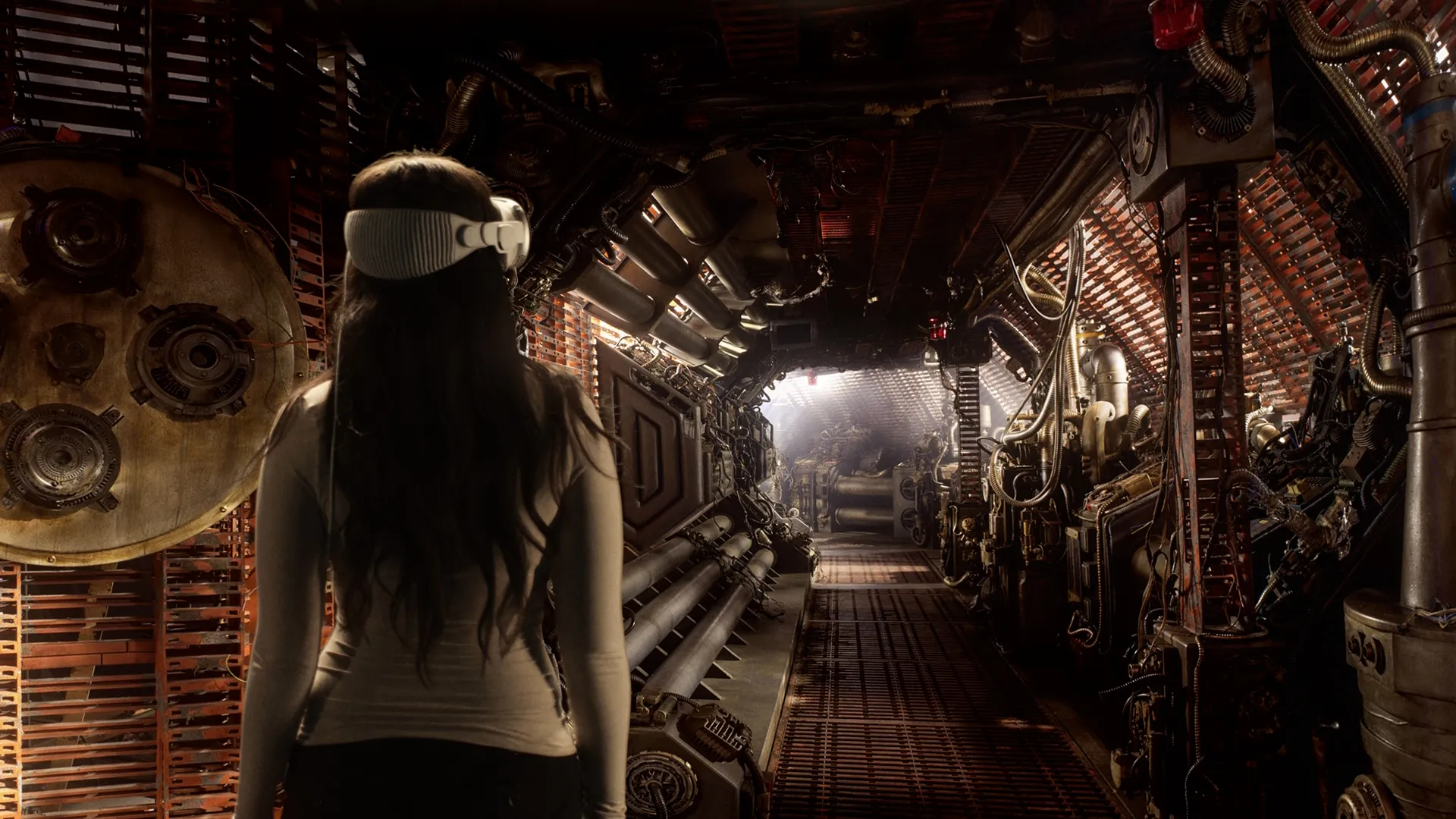 A person wearing an Apple Vision Pro in an Alien: Earth inspired environment. 