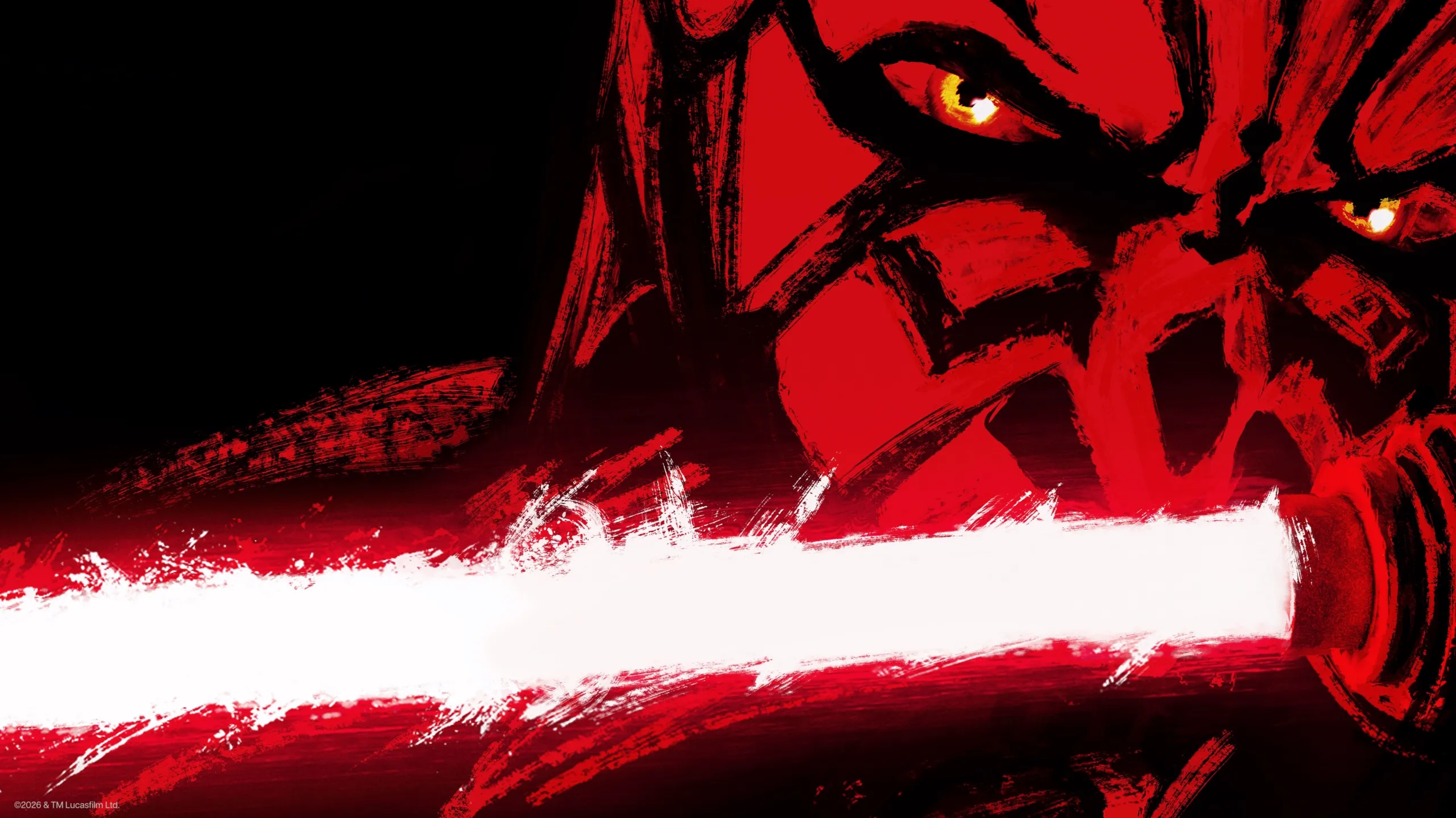 An animated Darth Maul against a stark red-and-black stylistic backdrop.
