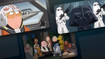 Colagem de imagens de episódios de Family Guy em homenagem à Star Wars