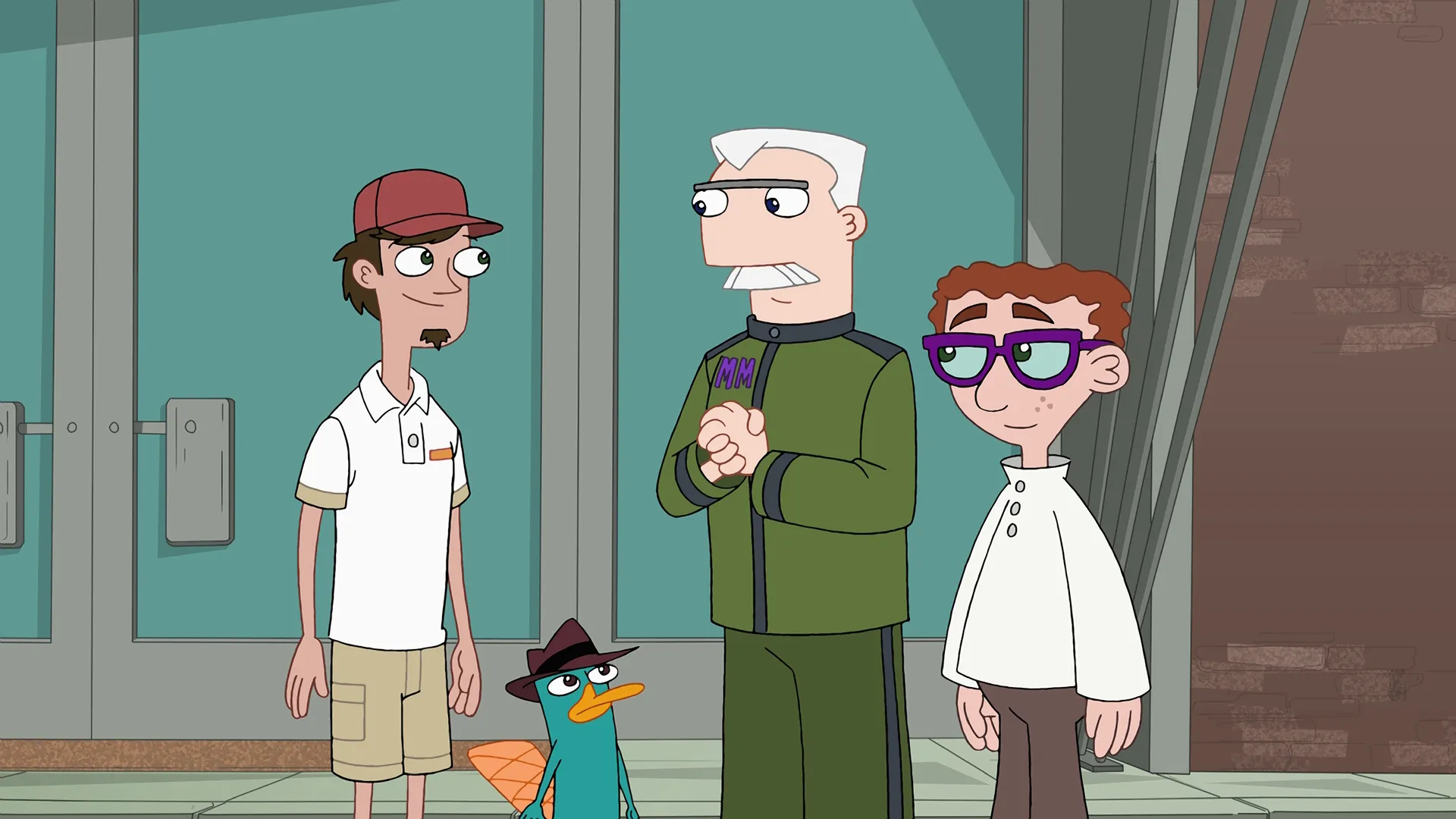 Major Monogram (voiced by Swampy Marsh), Perry the Platypus (voiced by Dee Bradley Baker) and Carl (voiced by Tyler Mann) in Phineas and Ferb