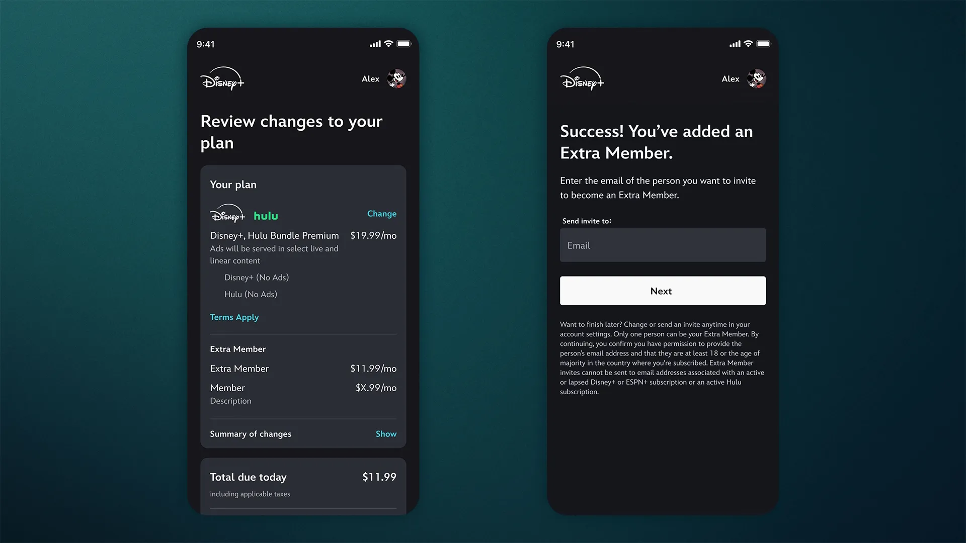 Mobile screens showing what it looks like when an Extra Member is successfully added to Disney+.
