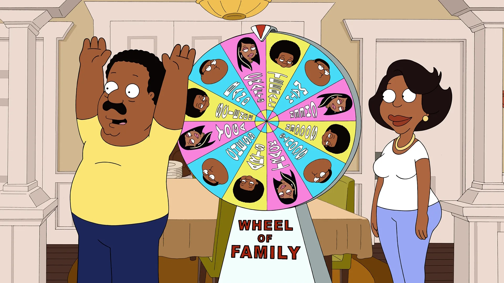 Cleveland Brown (Kevin Michael Richardson) and Donna Tubbs (Reagan Gomez-Preston) from The Cleveland Show spinning the wheel of family in The Cleveland Show