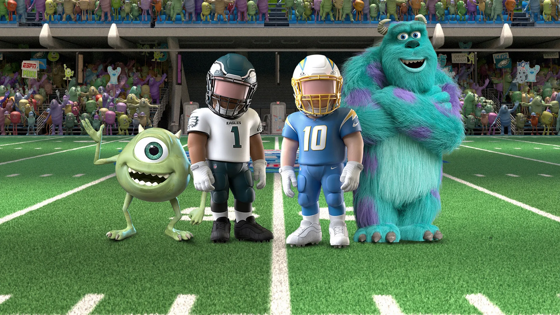 Promotional image for Monsters Funday Football. Philadelphia Eagles vs Los Angeles Chargers, Monday December 8 at 8pm ET.