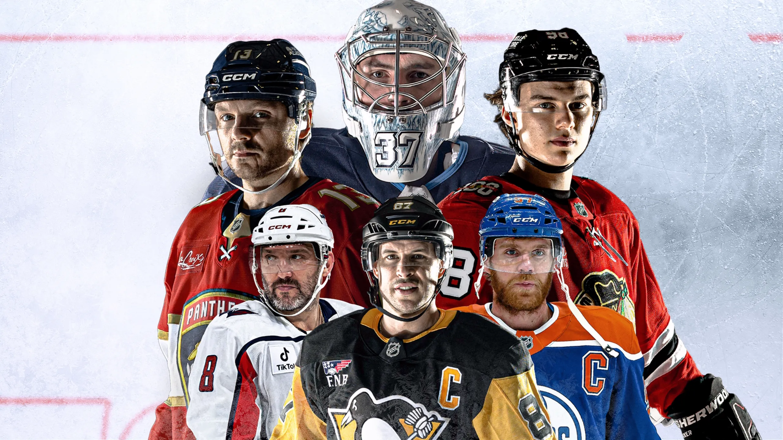 A collage of six hockey players from different teams in front of an ice-rink background.