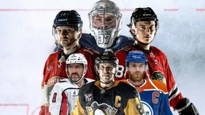 A collage of six hockey players from different teams in front of an ice-rink background.