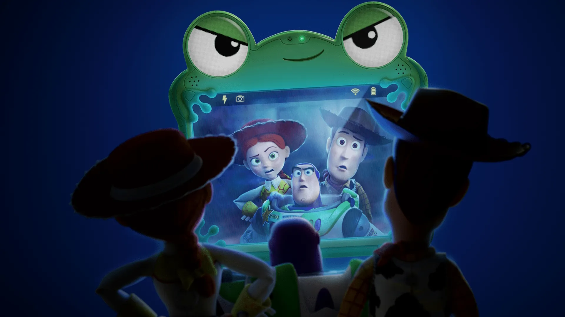 Un póster promocional oficial de Toy Story 5, de Disney y Pixar, muestra a Woody y Jessie de espaldas, observando una tableta con diseño de rana verde que exhibe una videollamada de Buzz, Woody y Jessie, quienes aparecen preocupados.