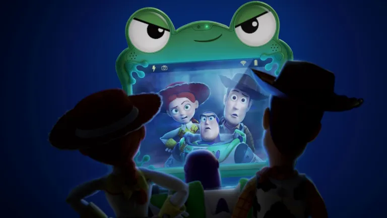 An official promotional poster for Disney and Pixar's "Toy Story 5" features Woody and Jessie from behind, looking at a green frog-themed tablet that shows a video call from Buzz, Woody, and Jessie looking concerned.