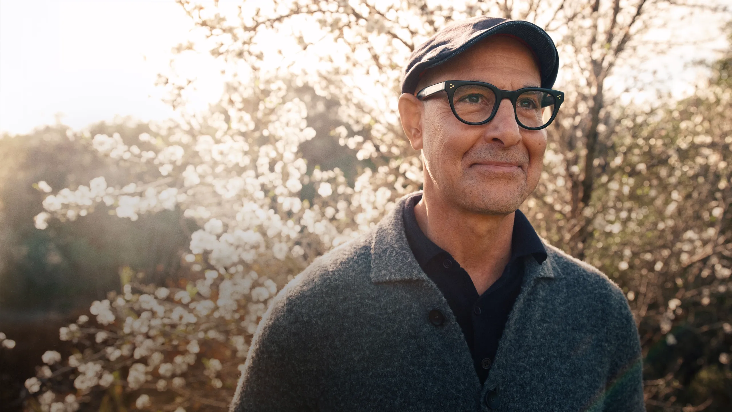 A closeup of Stanley Tucci with a sunlit blossoming tree background