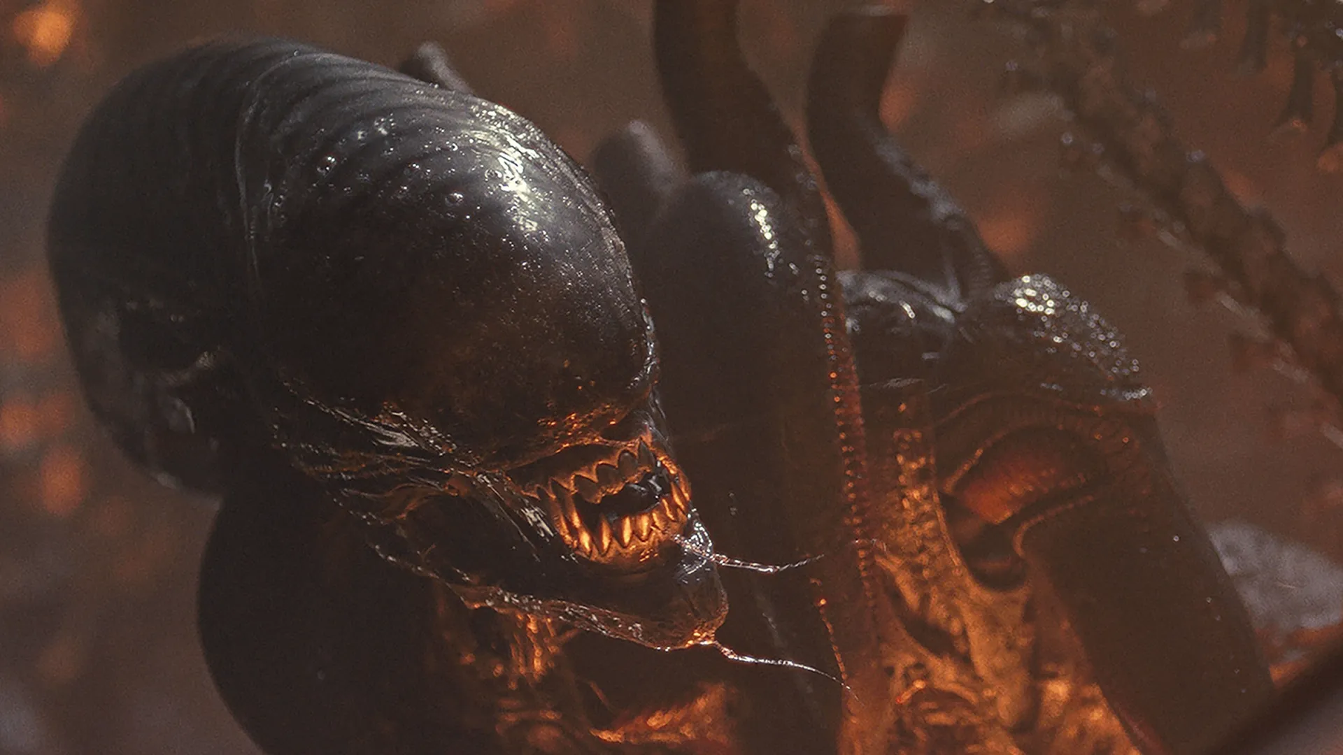 A snarling Xenomorph aboard the Romulus station.