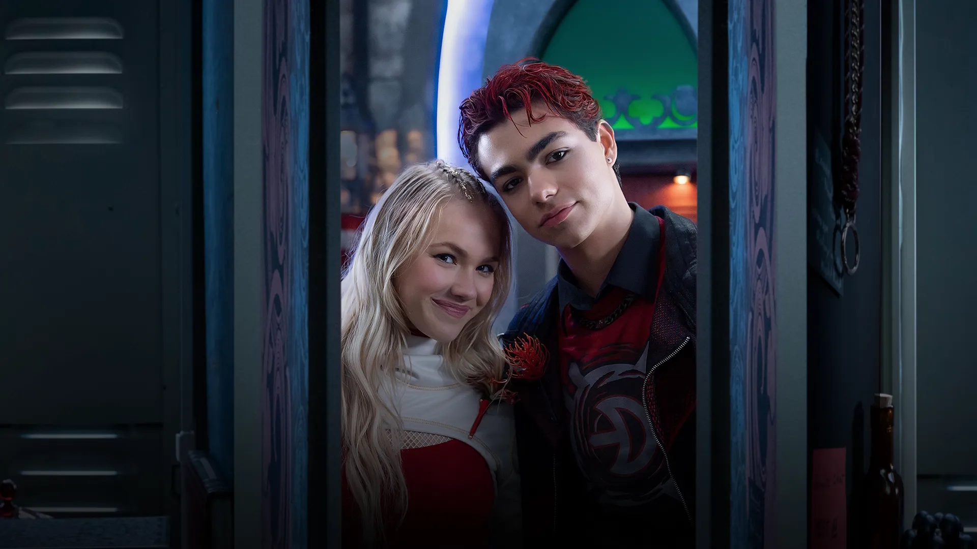 This image shows a scene from the short-form anthology series Locker Diaries: ZOMBIES, featuring characters Victor and Nova. 