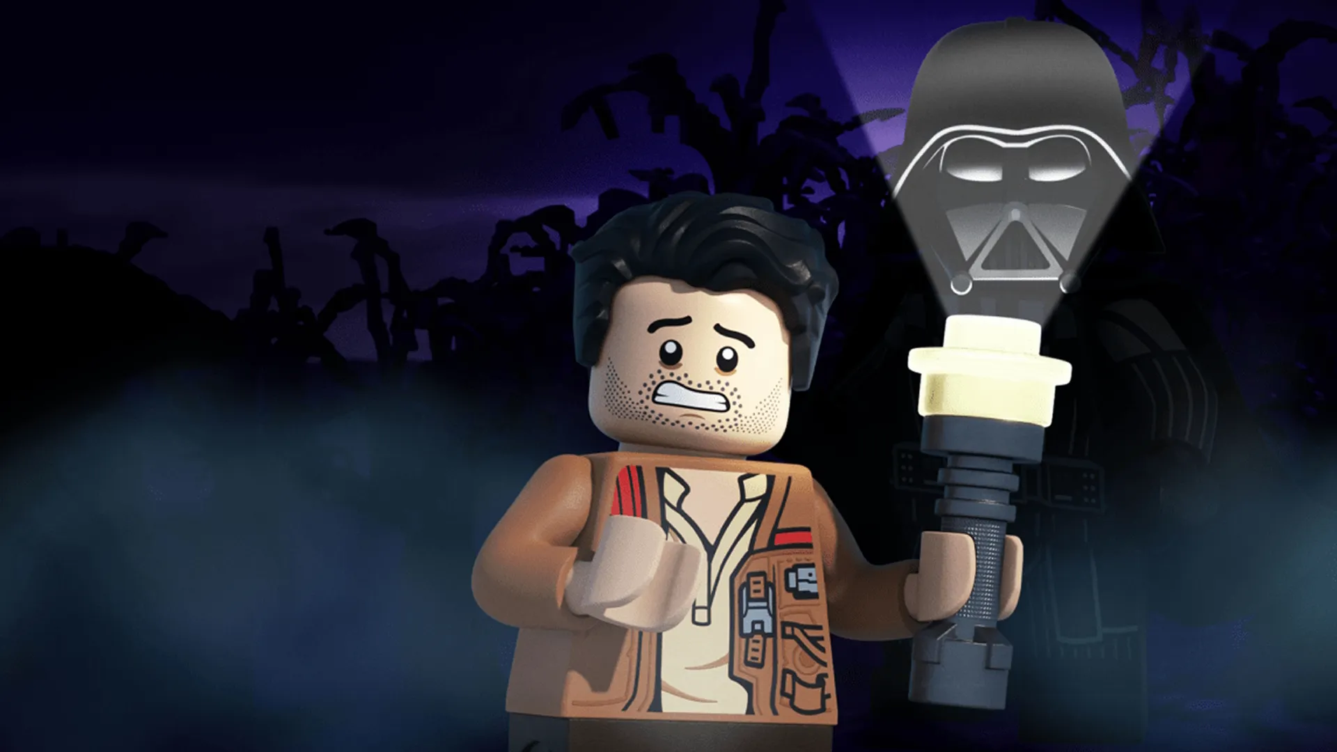 Poe Dameron segura uma lanterna que ilumina o rosto de Darth Vader em LEGO Star Wars: Histórias Aterrorizantes.