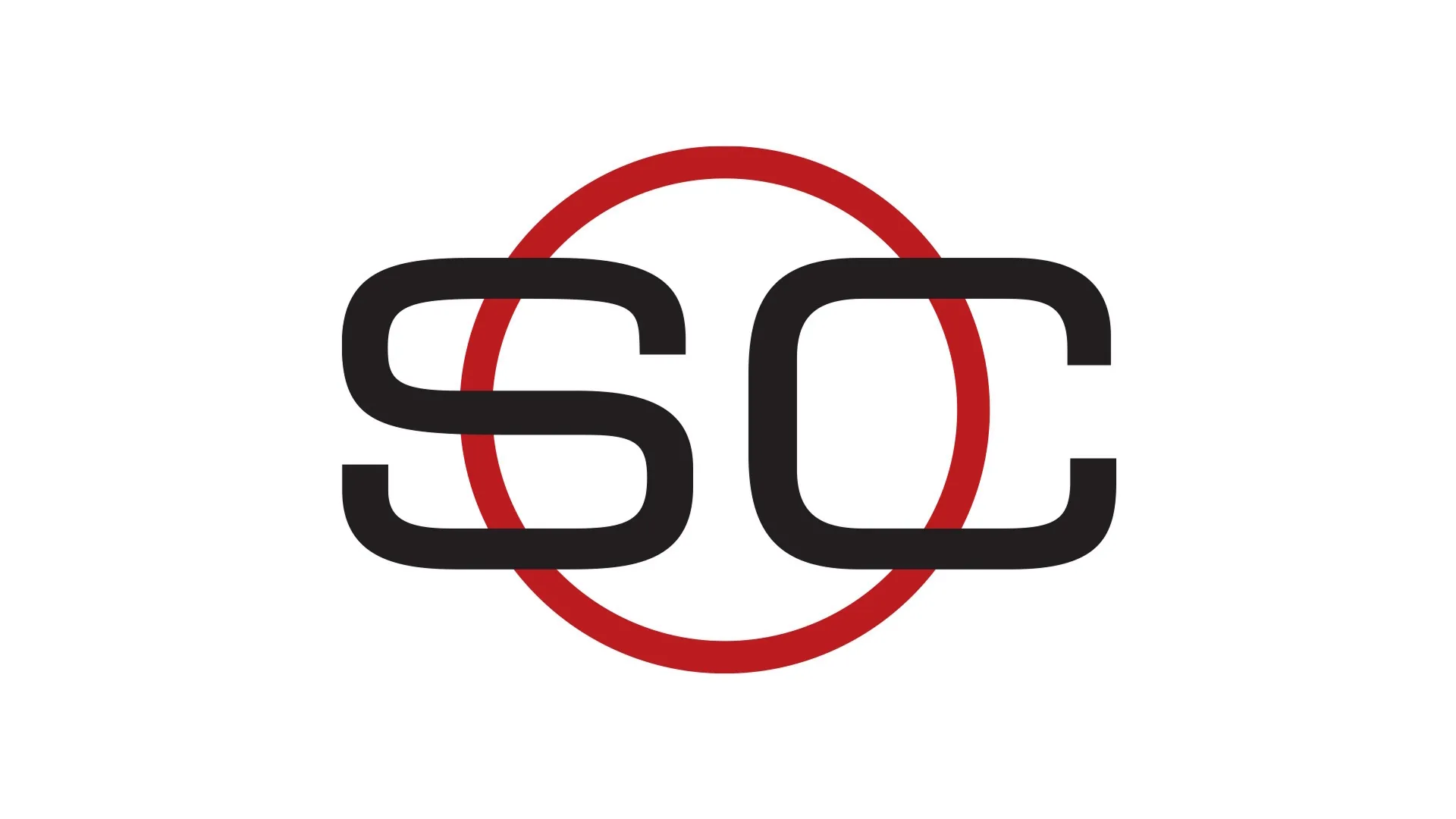A stylized black "SC" monogram for ESPN's SportsCenter overlaps a thin red circle against a solid white background.