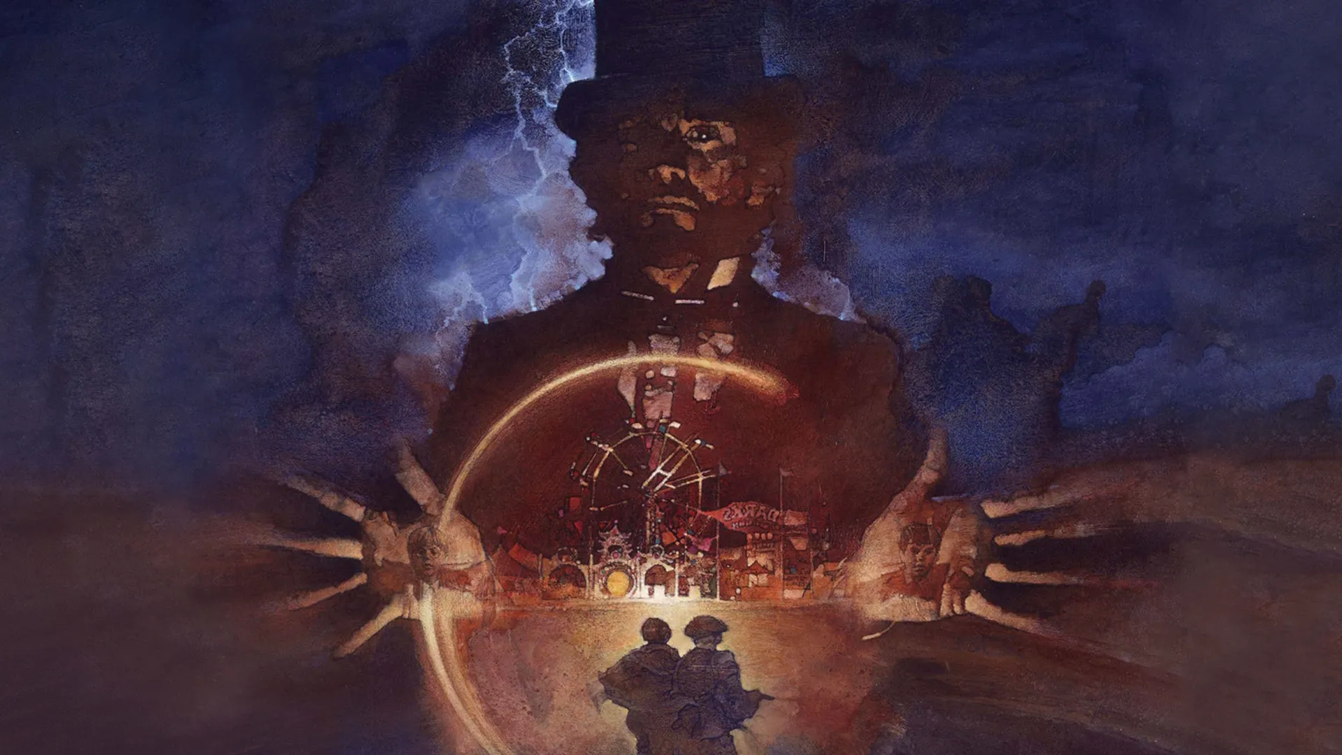 The original theatrical poster artwork for Disney's Something Wicked This Way Comes (1983) features the dark silhouette of the sinister Mr. Dark in a top hat against a lightning-lit blue sky, while his large outstretched hands encircle a glowing carnival Ferris wheel and the small figures of two young boys standing below.