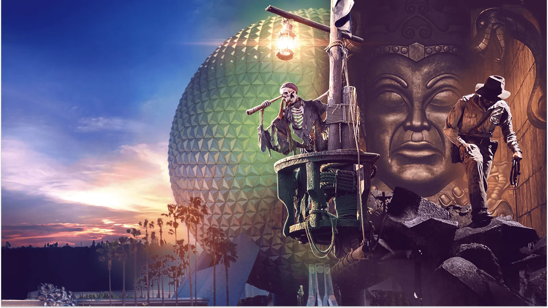 A poster for Behind the Attraction, featuring elements from rides like Pirates of the Caribbean and the EPCOT Spaceship Earth structure