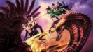 Stylized promo art for Super Troopers 3 show's the Broken Lizard crew riding atop a giant eagle as it fights with a giant cobra.