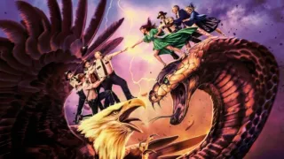 Stylized promo art for Super Troopers 3 show's the Broken Lizard crew riding atop a giant eagle as it fights with a giant cobra.