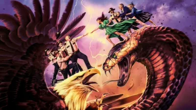 Stylized promo art for Super Troopers 3 show's the Broken Lizard crew riding atop a giant eagle as it fights with a giant cobra.