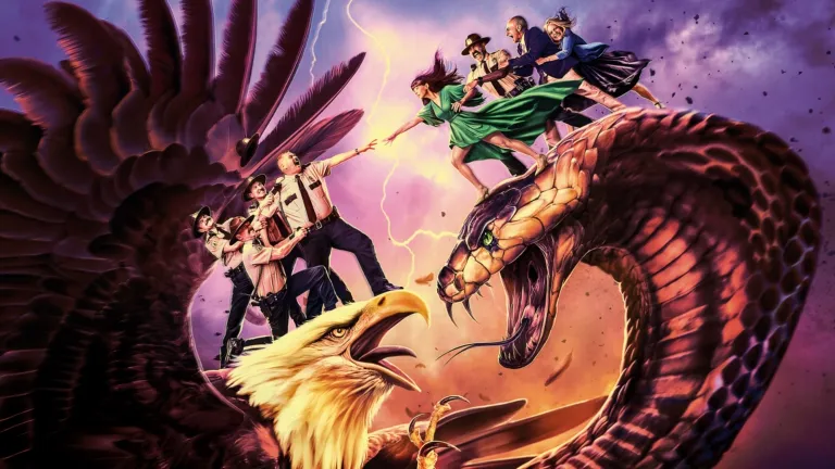Stylized promo art for Super Troopers 3 show's the Broken Lizard crew riding atop a giant eagle as it fights with a giant cobra.