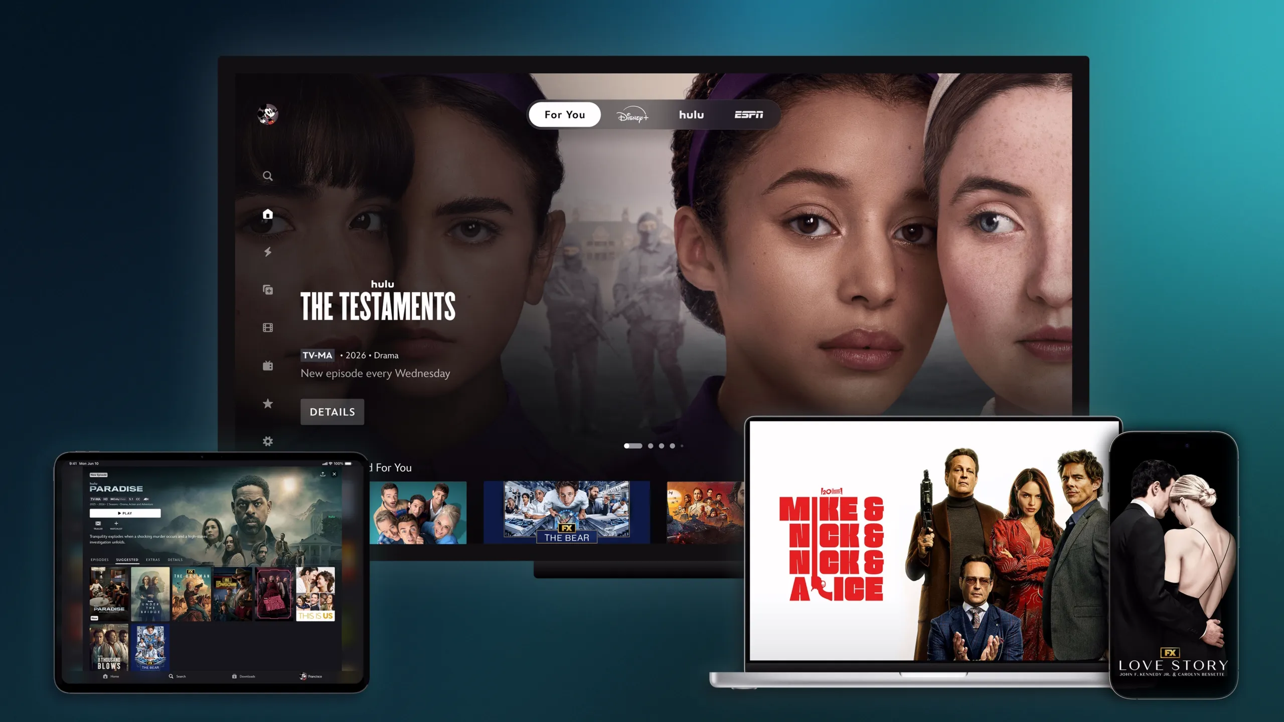Hulu titles available on Disney+ showcased on various devices.