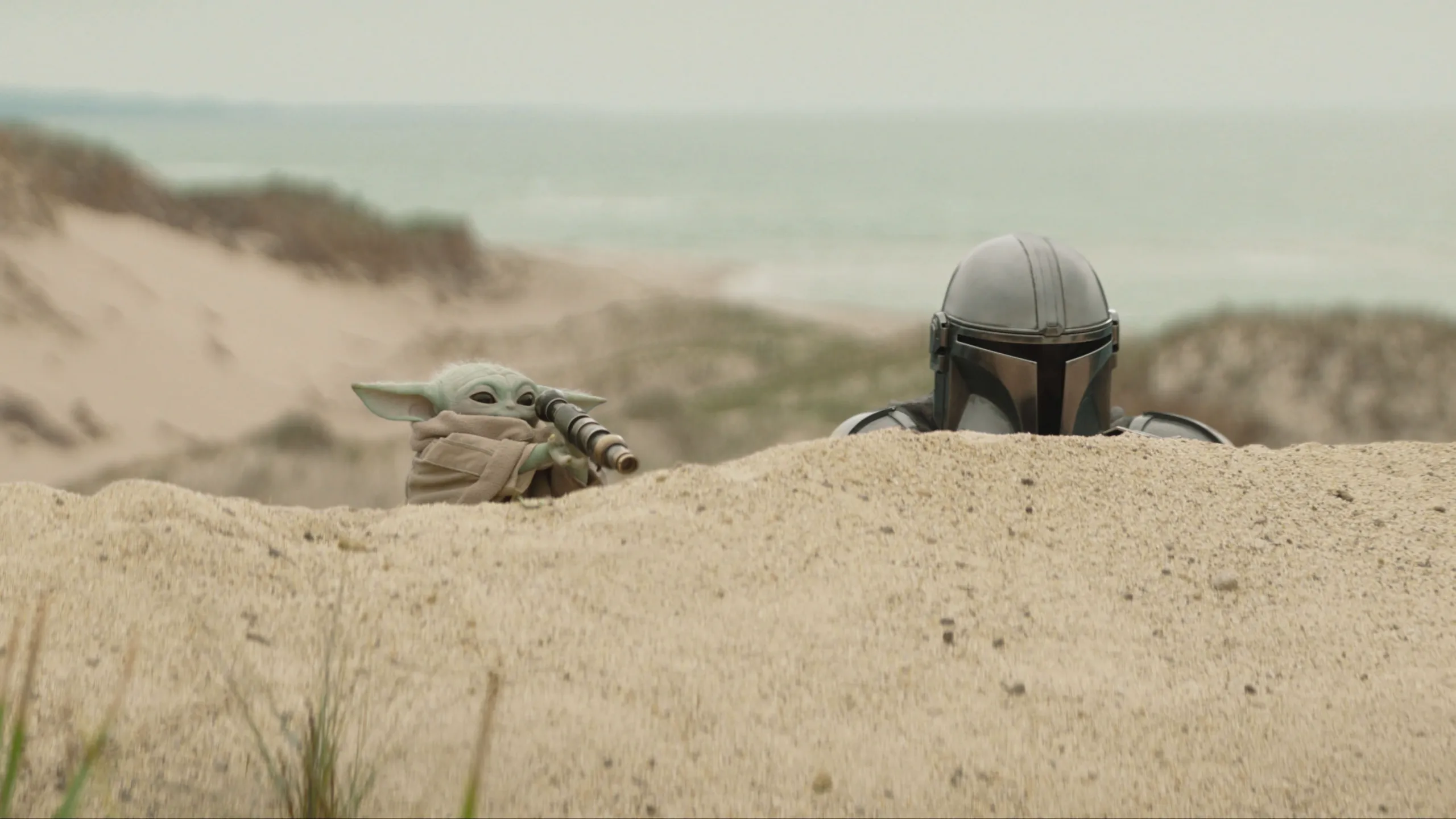 (L-R) Grogu and Mandalorian (Pedro Pascal) in Lucasfilm's THE MANDALORIAN AND GROGU. Photo courtesy of Lucasfilm. © 2025 Lucasfilm Ltd™. All Rights Reserved.
