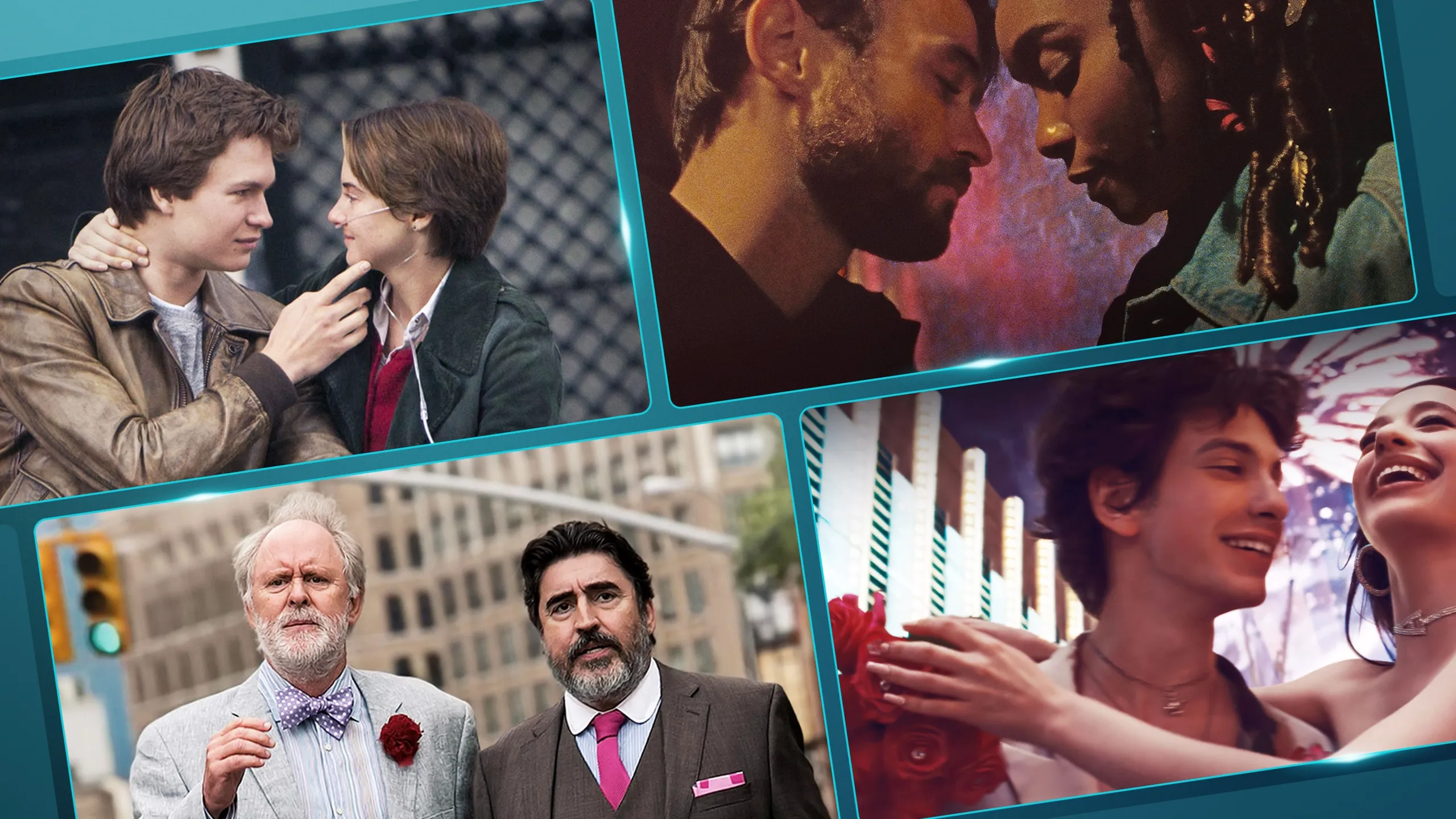 A collage of stills from the movies The Fault in Our Stars, Dandelion, Love Is Strange, and Anora