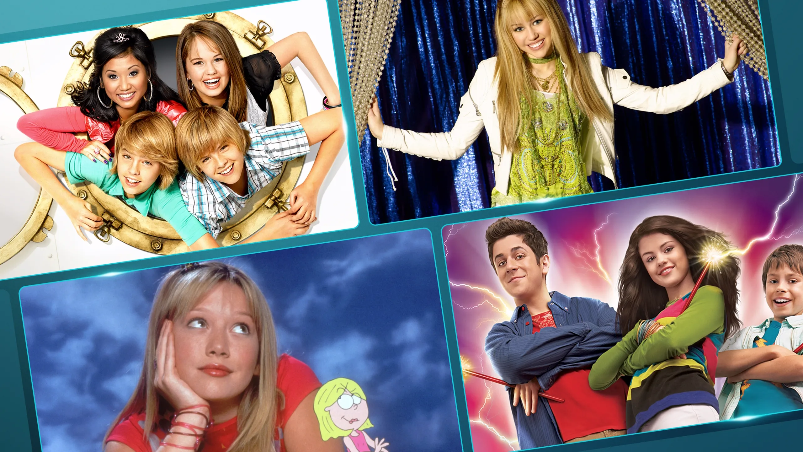 A collage of promotional images from High School Musical, Lizzie McGuire, and Hannah Montana