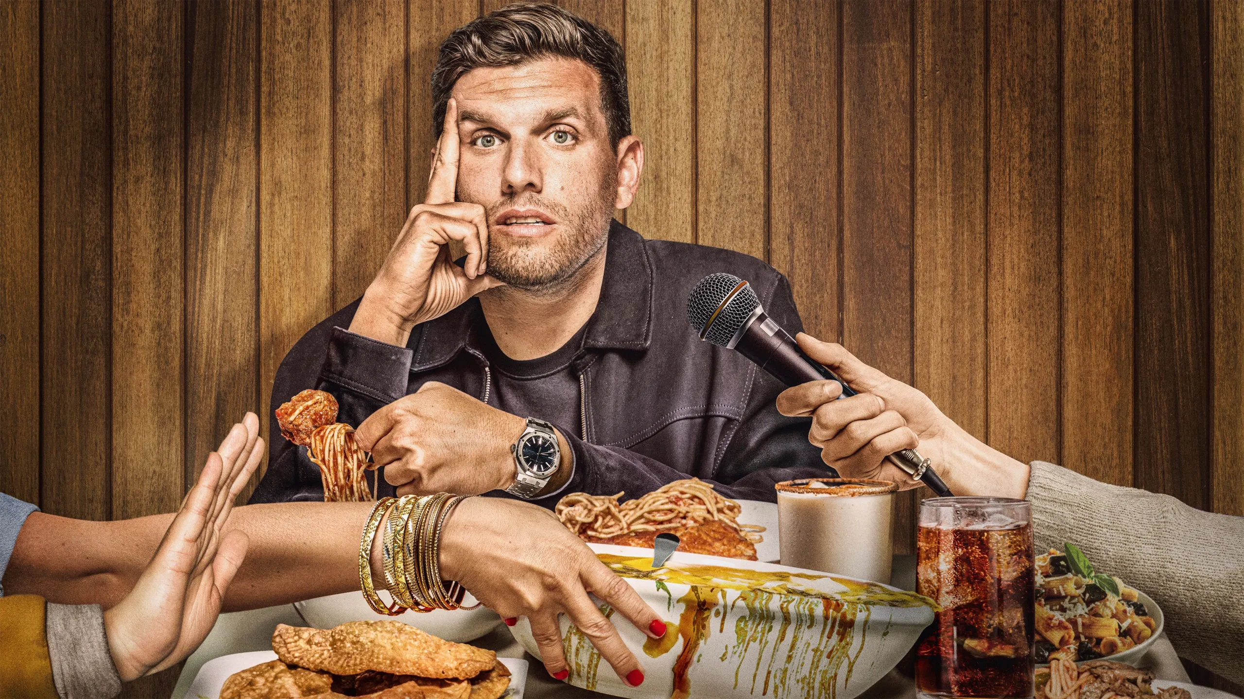 This image is a promotional photo for a comedy special featuring comedian Chris Distefano in Chris Distefano: It’s Just Unfortunate, Disney, Hulu