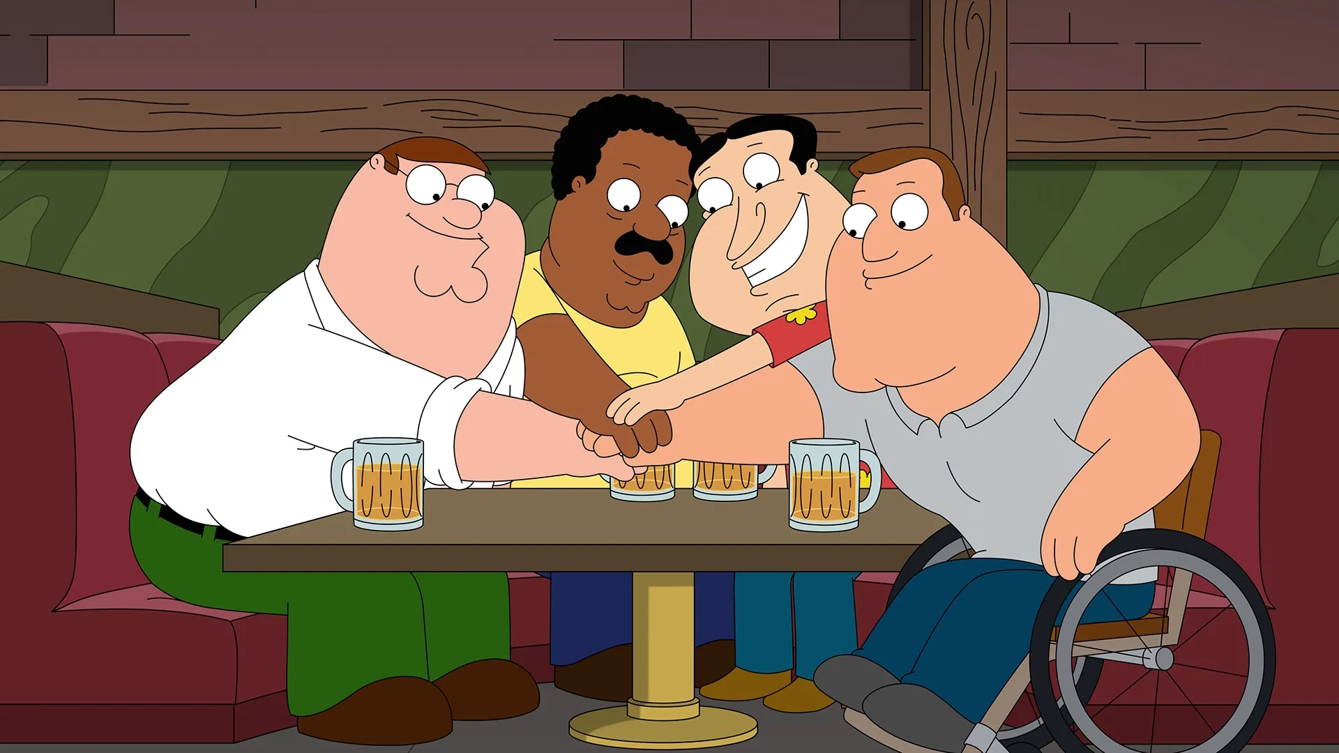 Peter, Cleveland, Quagmire and Joe sit around a table at a bar, all putting one hand in the center