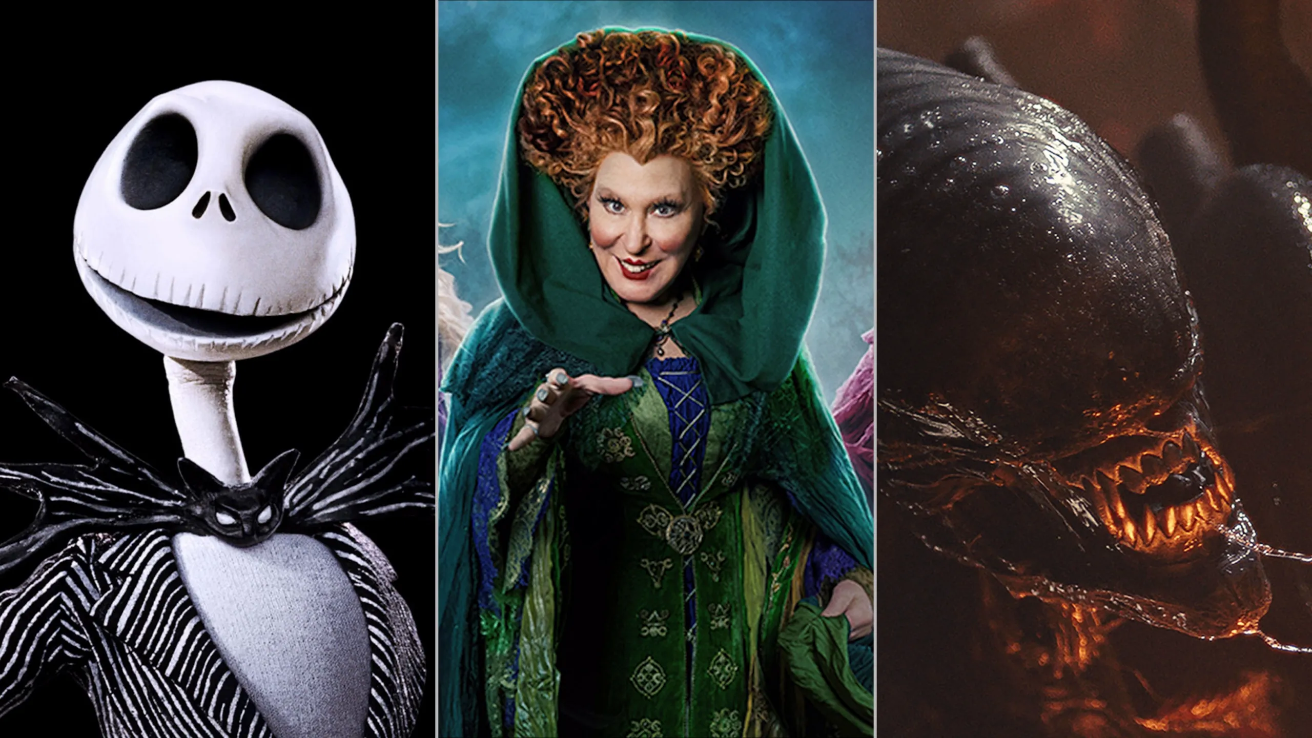 An image split into three parts, featuring the Jack Skellington from Tim Burton's The Nightmare Before Christmas, Winifred Sanderson (Bette Midler) from Hocus Pocus, and the Xenomorph from the Alien franchise.