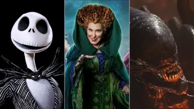 An image split into three parts, featuring the Jack Skellington from Tim Burton's The Nightmare Before Christmas, Winifred Sanderson (Bette Midler) from Hocus Pocus, and the Xenomorph from the Alien franchise.
