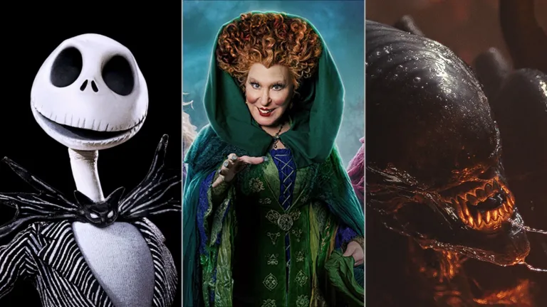 An image split into three parts, featuring the Jack Skellington from Tim Burton's The Nightmare Before Christmas, Winifred Sanderson (Bette Midler) from Hocus Pocus, and the Xenomorph from the Alien franchise.