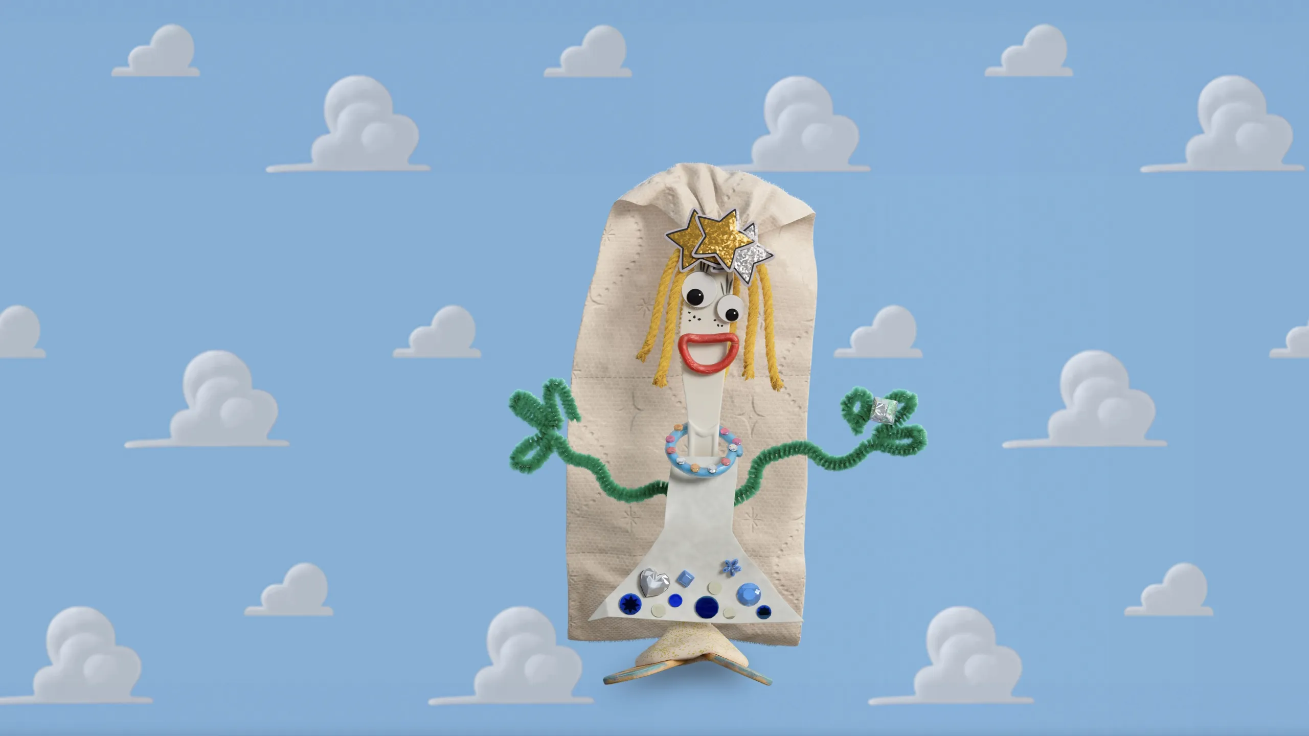 A homemade Toy made out of a plastic knife, dressed as a bride