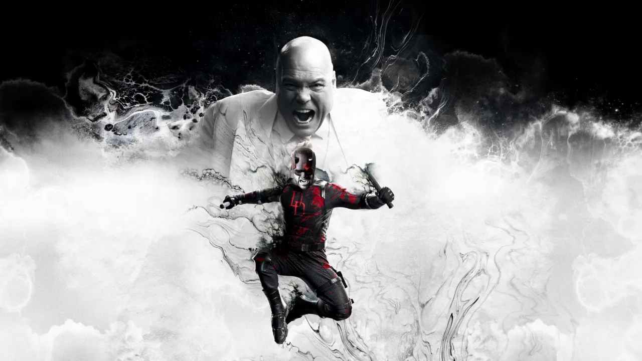 Key art for Daredevil: Born Again featuring Daredevil leaping forward as Wilson Fisk (The Kingpin) roars behind him. Season finale streaming May 5.
