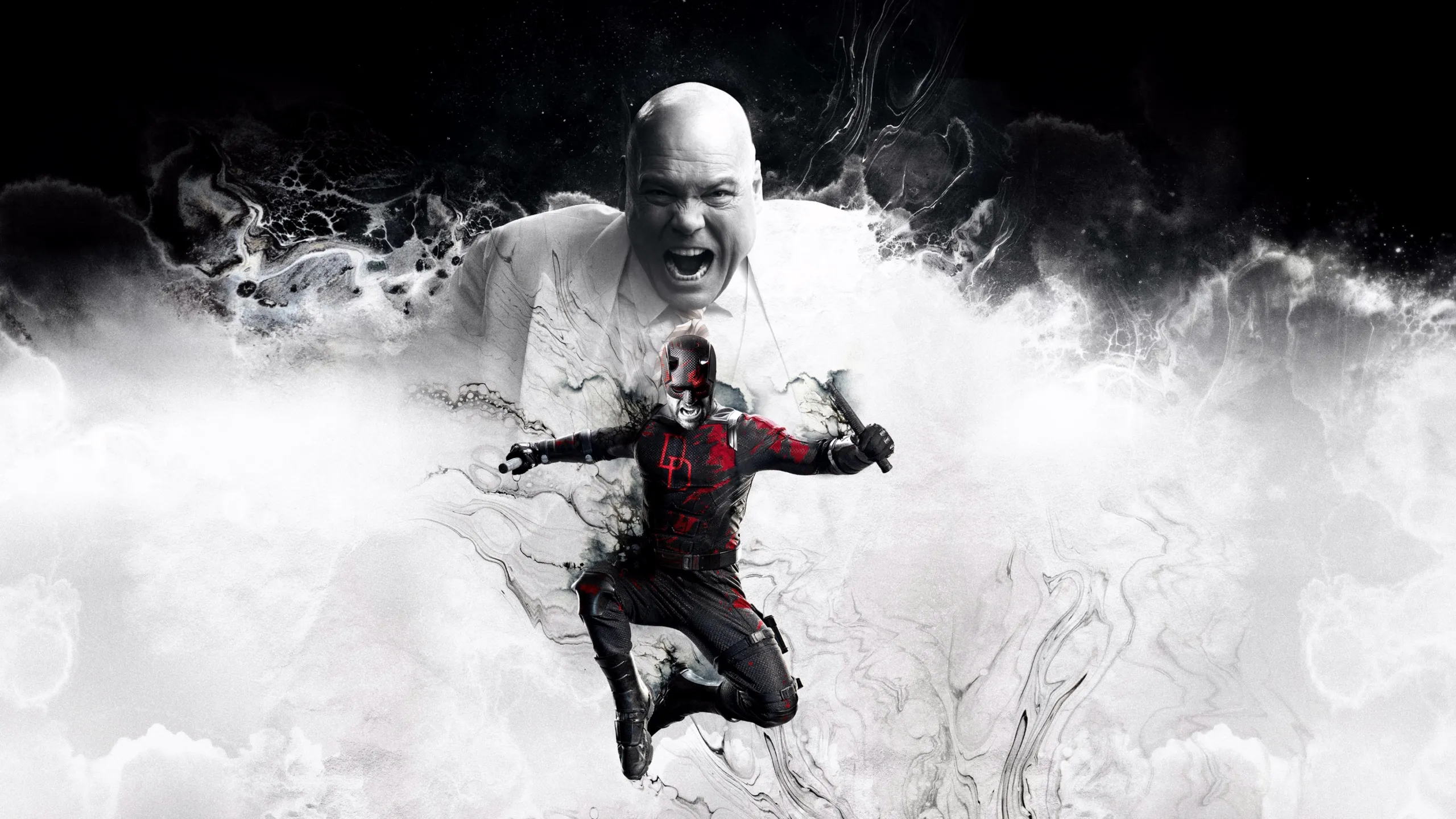 Key art for Daredevil: Born Again featuring Daredevil leaping forward as Wilson Fisk (The Kingpin) roars behind him. Season finale streaming May 5.