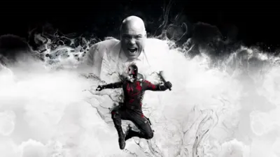 Key art for Daredevil: Born Again featuring Daredevil leaping forward as Wilson Fisk (The Kingpin) roars behind him. Season finale streaming May 5.