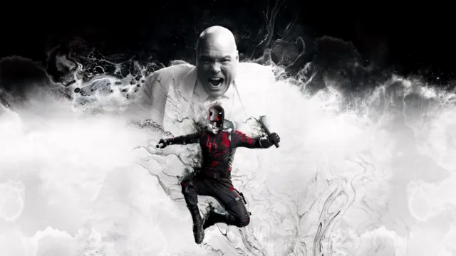 Key art for Daredevil: Born Again featuring Daredevil leaping forward as Wilson Fisk (The Kingpin) roars behind him. Season finale streaming May 5.