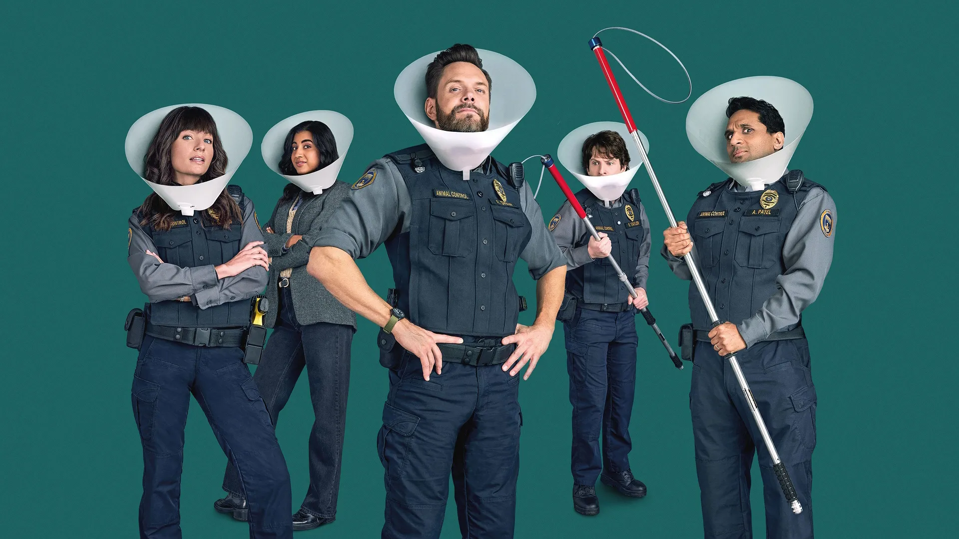 Promotional art for Season 4 of Animal Control depicts the team of animal control officers wearing veterinary collars including from L-R: Emily Price (Vella Lovell,) Victoria Sands (Grace Palmer,) Frank Shaw (Joel McHale,) Fred "Shred" Taylor (Michael Rowland,) and Amit Patel (Ravi Patel.)