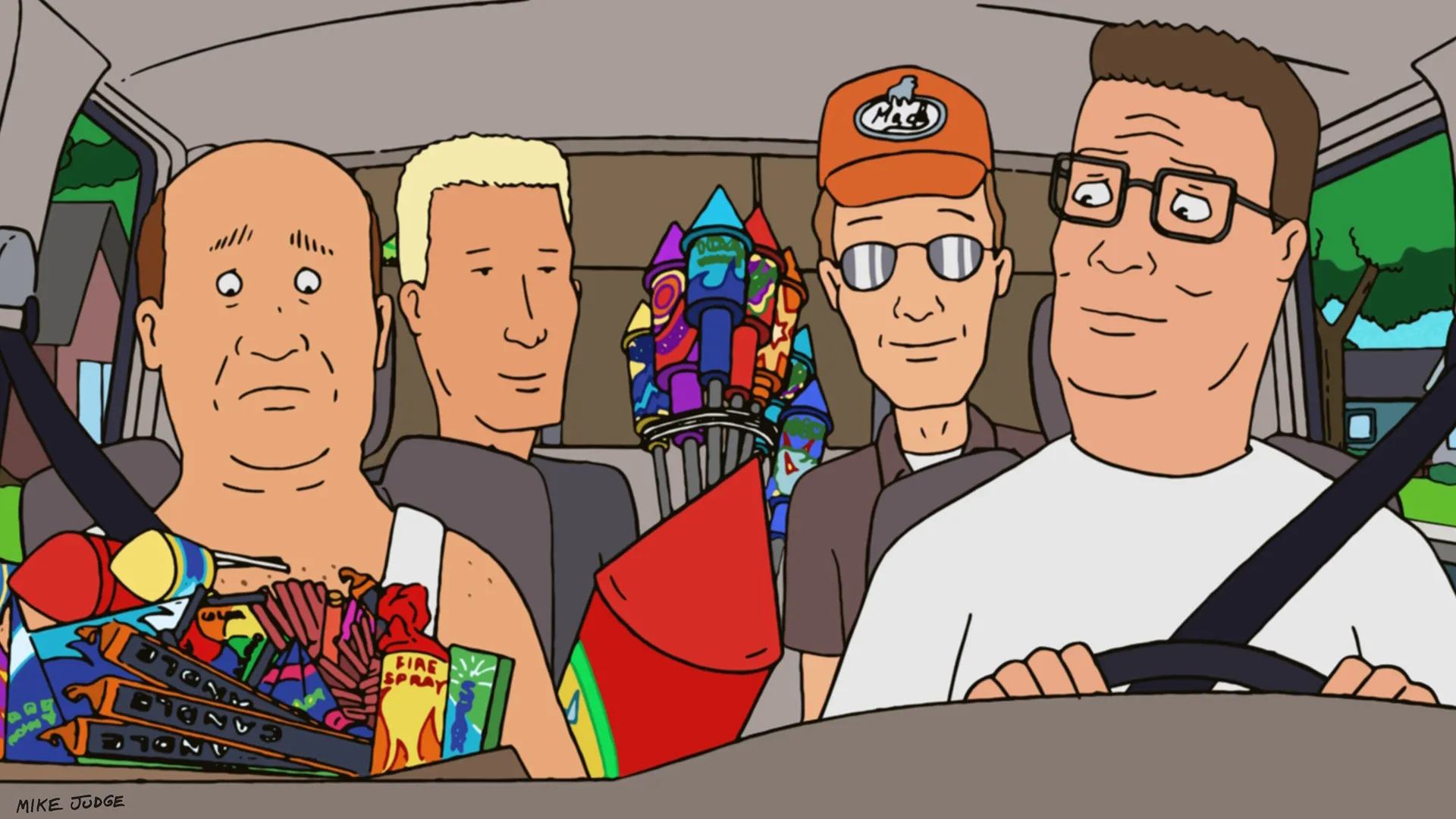 Hank Hill and his friends in car with fireworks for 4th of July.