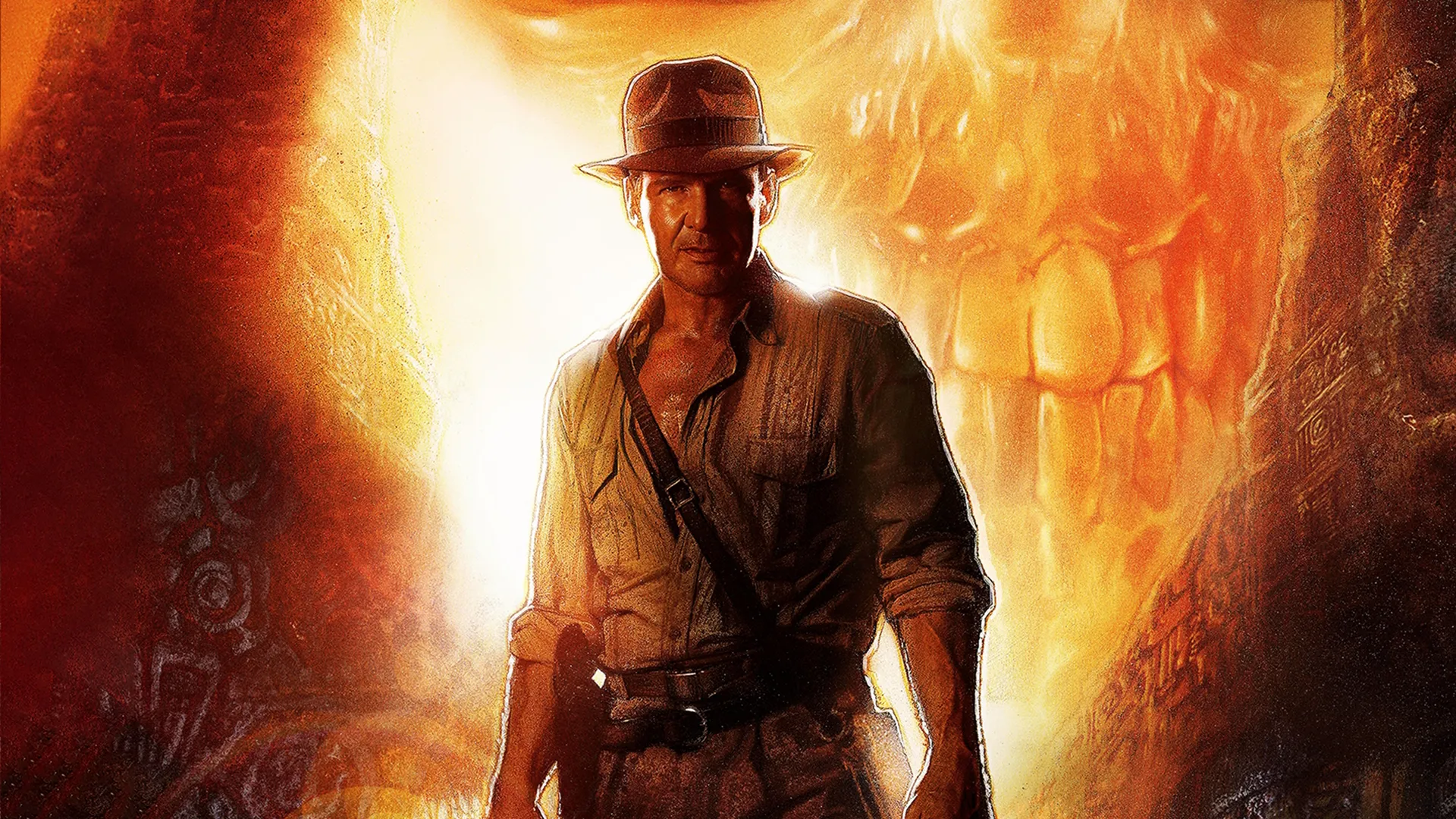 Illustrated imaged depicting Indiana Jones (Harrison Ford) with a a large orange skull shape behind him promoting Kingdom of the Crystal Skull.