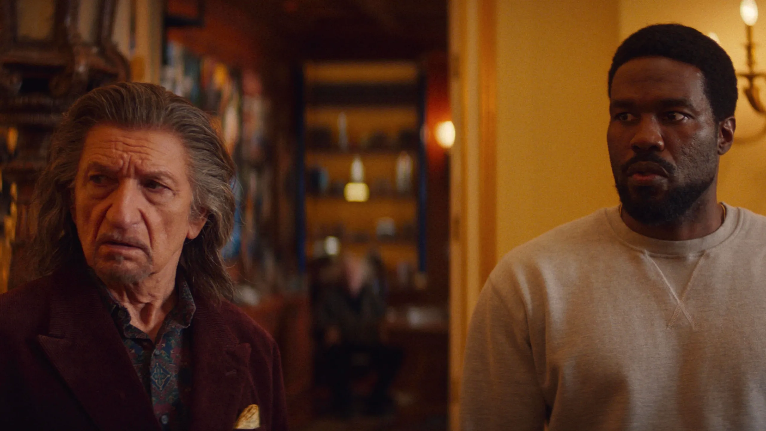 A closeup of Wonder Man (Yahya Abdul-Mateen II) and Trevor Slattery (Ben Kingsley) in Wonder Man